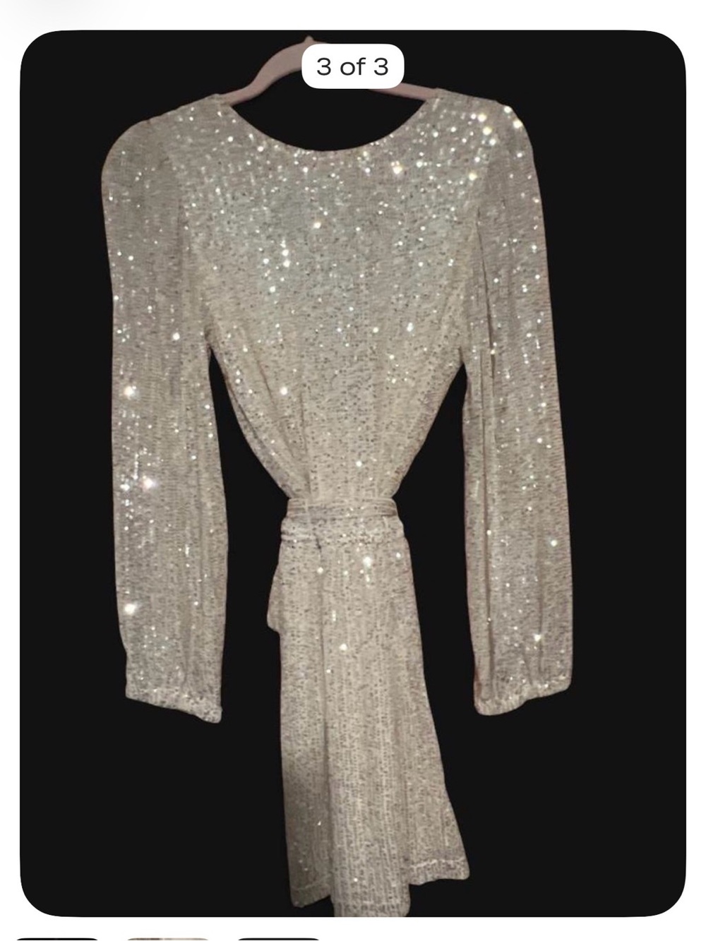 Fashion Nova Silver Sequin Long Sleeve Tie-Waist Mini Dress